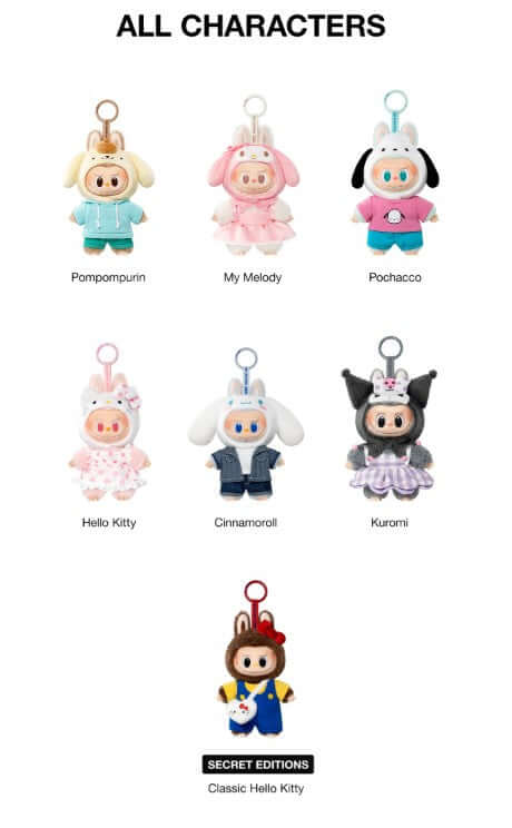 Tous les personnages LABUBU × Hello Kitty et Friends de POP MART, y compris Pompompurin, My Melody, et Hello Kitty.