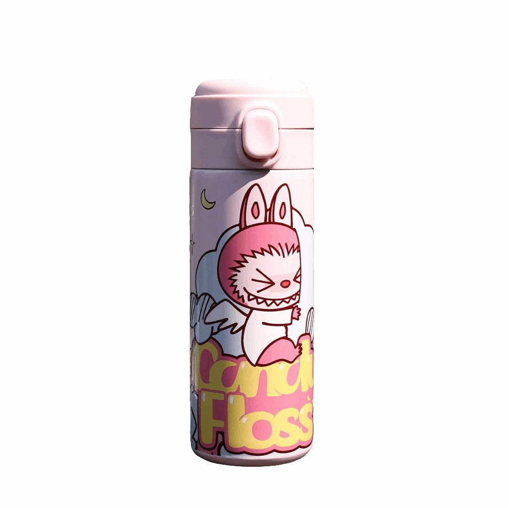 alt="Gourde thermos Labubu 420ml en acier inoxydable – bouteille isotherme colorée avec illustrations Labubu, protège boissons chaudes et froides, légère et pratique"