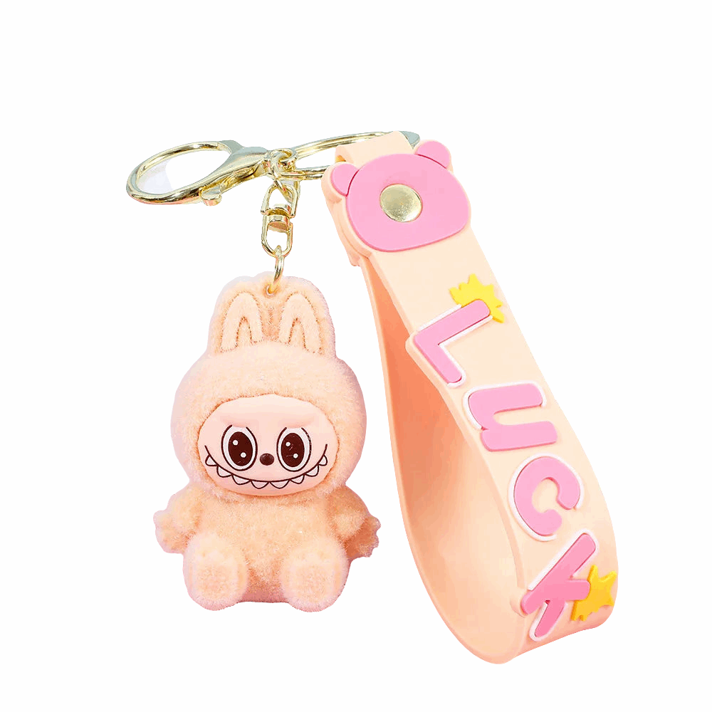 Porte-clés Labubu Premium « LUCK » en silicone avec mascotte adorable et anneau pratique pour clés.