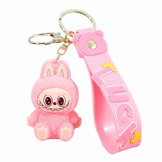 Porte-clés Labubu Premium « LUCK » en silicone avec un design kawaii et un porte-clés en forme de mascotte.