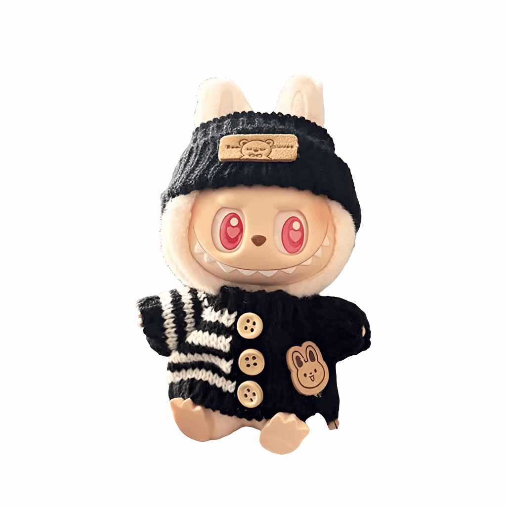 alt="Haut avec bonnet assorti pour figurine Labubu – ensemble confortable en corde de coton et laine, adapté aux poupées 15-17 cm, style élégant et doux"