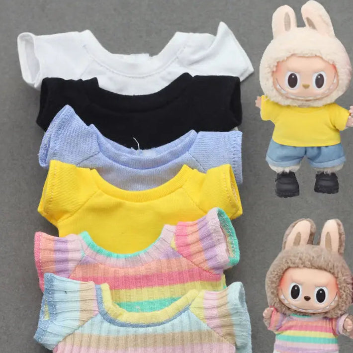alt="Vêtements en coton pour figurines Labubu – couleurs variées, style kawaii, tissu doux et confortable, accessoires mode pour poupées 15-17 cm"