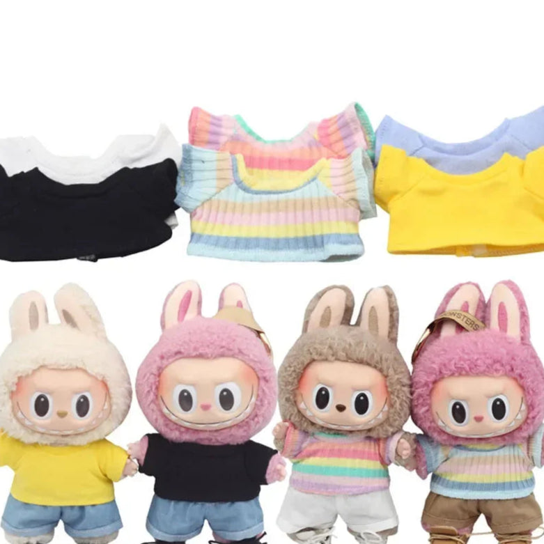 alt="Vêtements en coton pour figurines Labubu – couleurs variées, style kawaii, tissu doux et confortable, accessoires mode pour poupées 15-17 cm"
