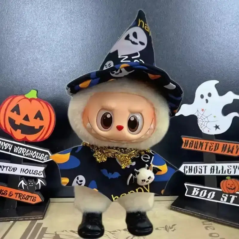 Labubu Tenues Halloween Sorcier Magique - poupée sorcière avec chapeau et costume festif Halloween.