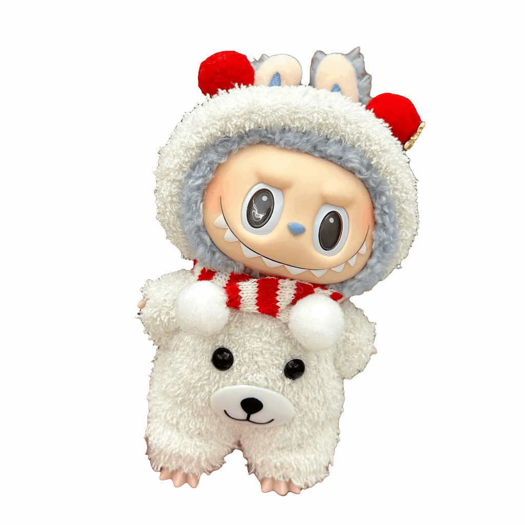 alt="Tenues miniatures Labubu – collection variée avec salopette rayée, robe à motifs, costume animalier, vêtements kawaii faciles à enfiler pour figurines 15-17 cm"
