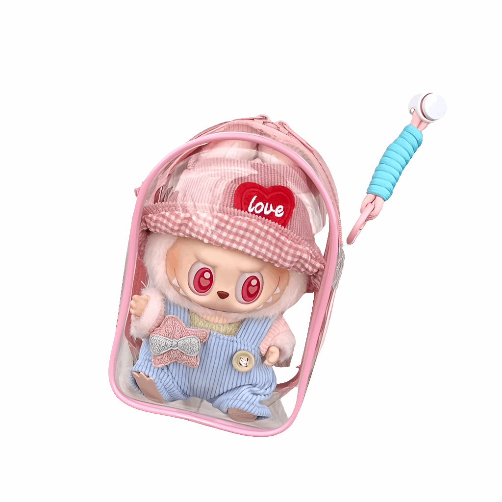 alt="Mini sac à bandoulière transparent pour figurine Labubu – design elliptique élégant, PVC imperméable avec nylon, protection contre eau et poussière"