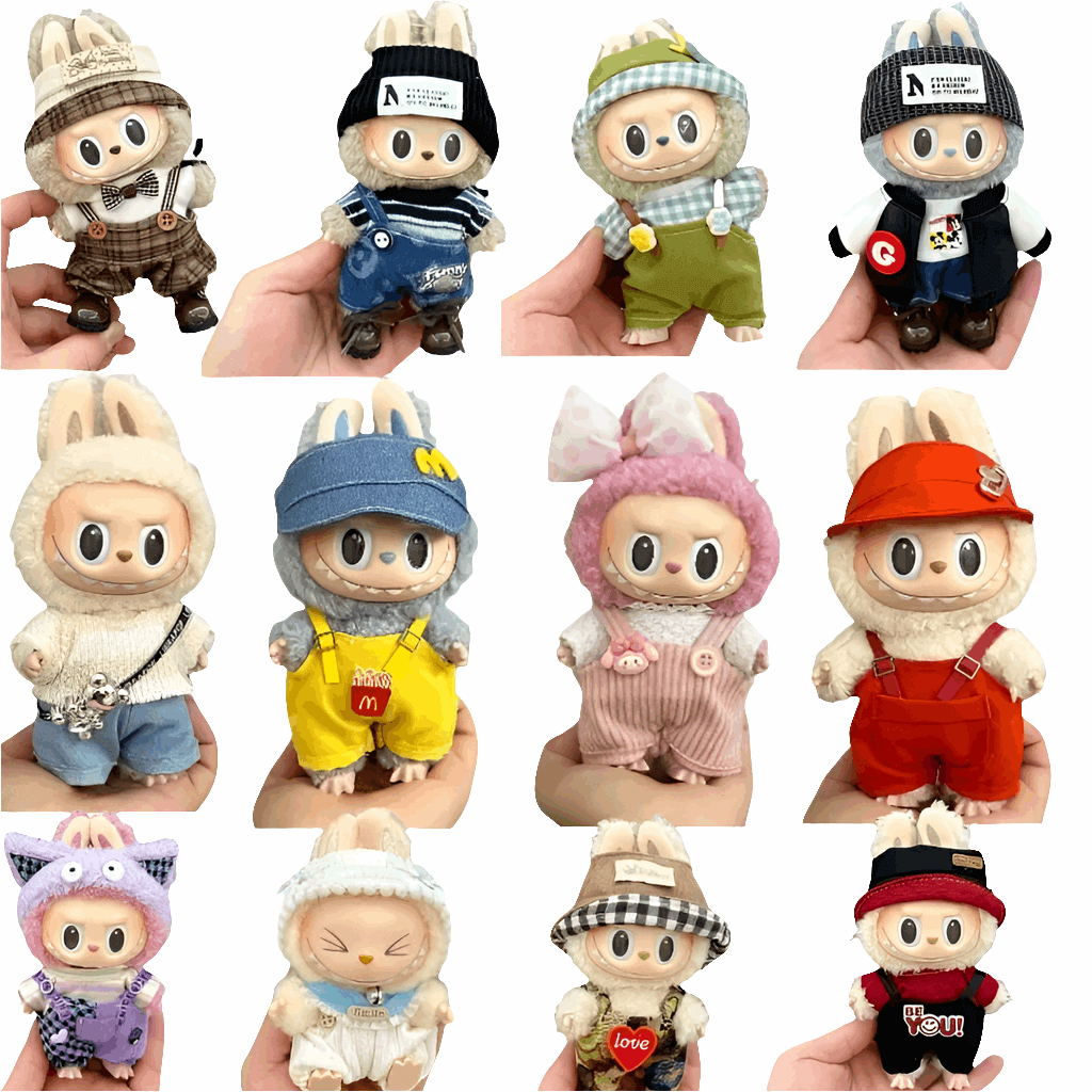 alt="Tenues miniatures Labubu – collection variée avec salopette rayée, robe à motifs, costume animalier, vêtements kawaii faciles à enfiler pour figurines 15-17 cm"