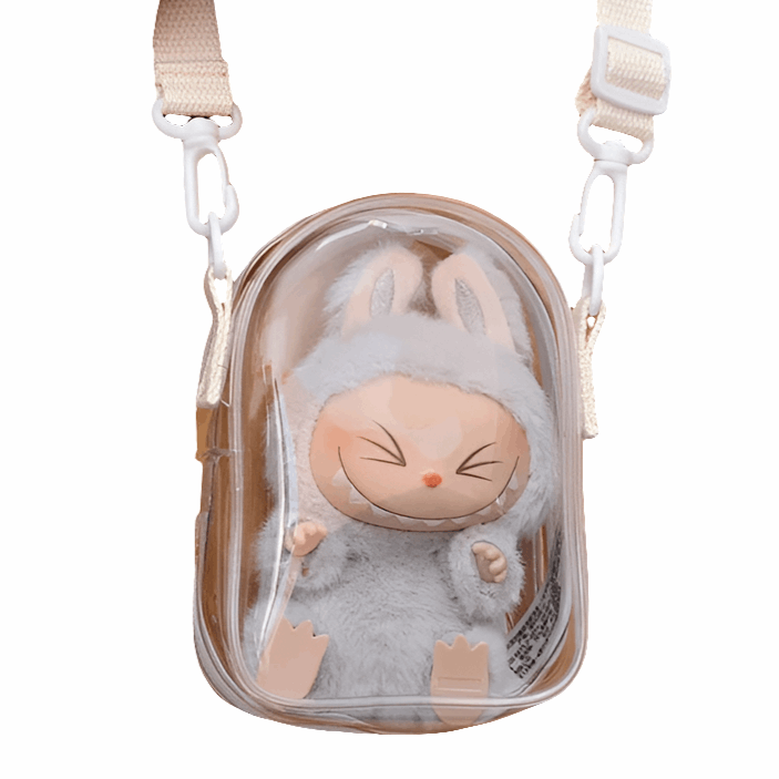 alt="Mini sac à bandoulière transparent pour figurine Labubu – design elliptique élégant, PVC imperméable avec nylon, protection contre eau et poussière"