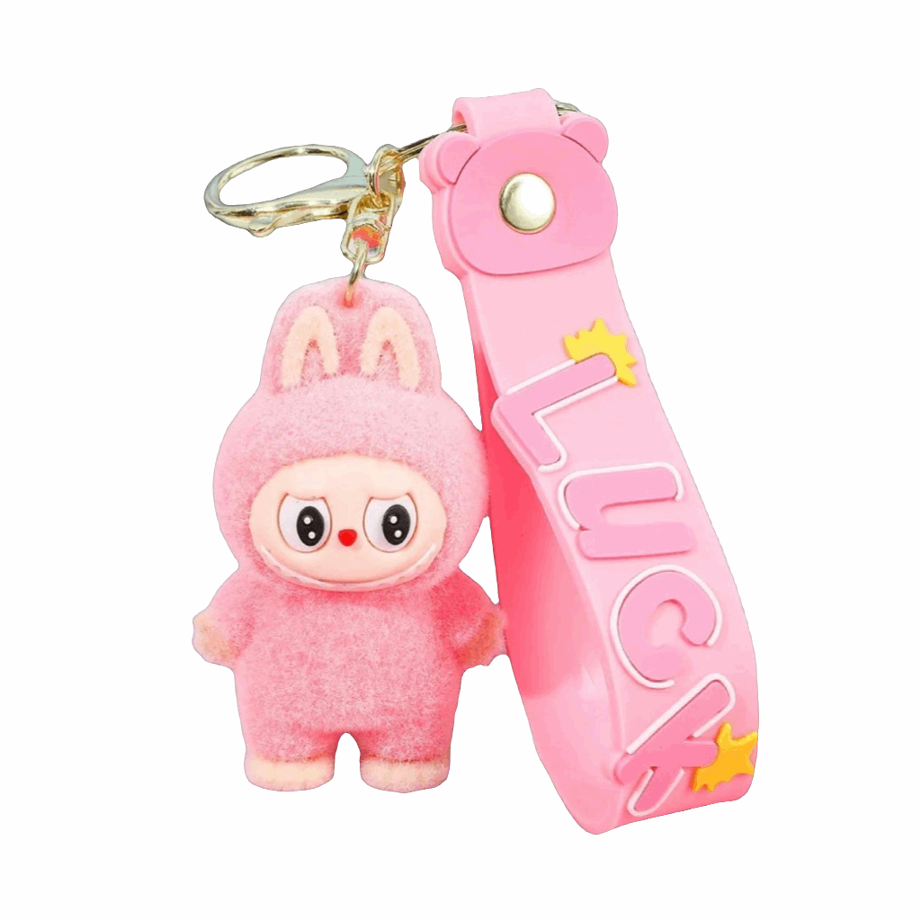 Porte-clés Labubu Premium « LUCK » en silicone rose, avec personnage kawaii et anneau O-Shaped pour clés.