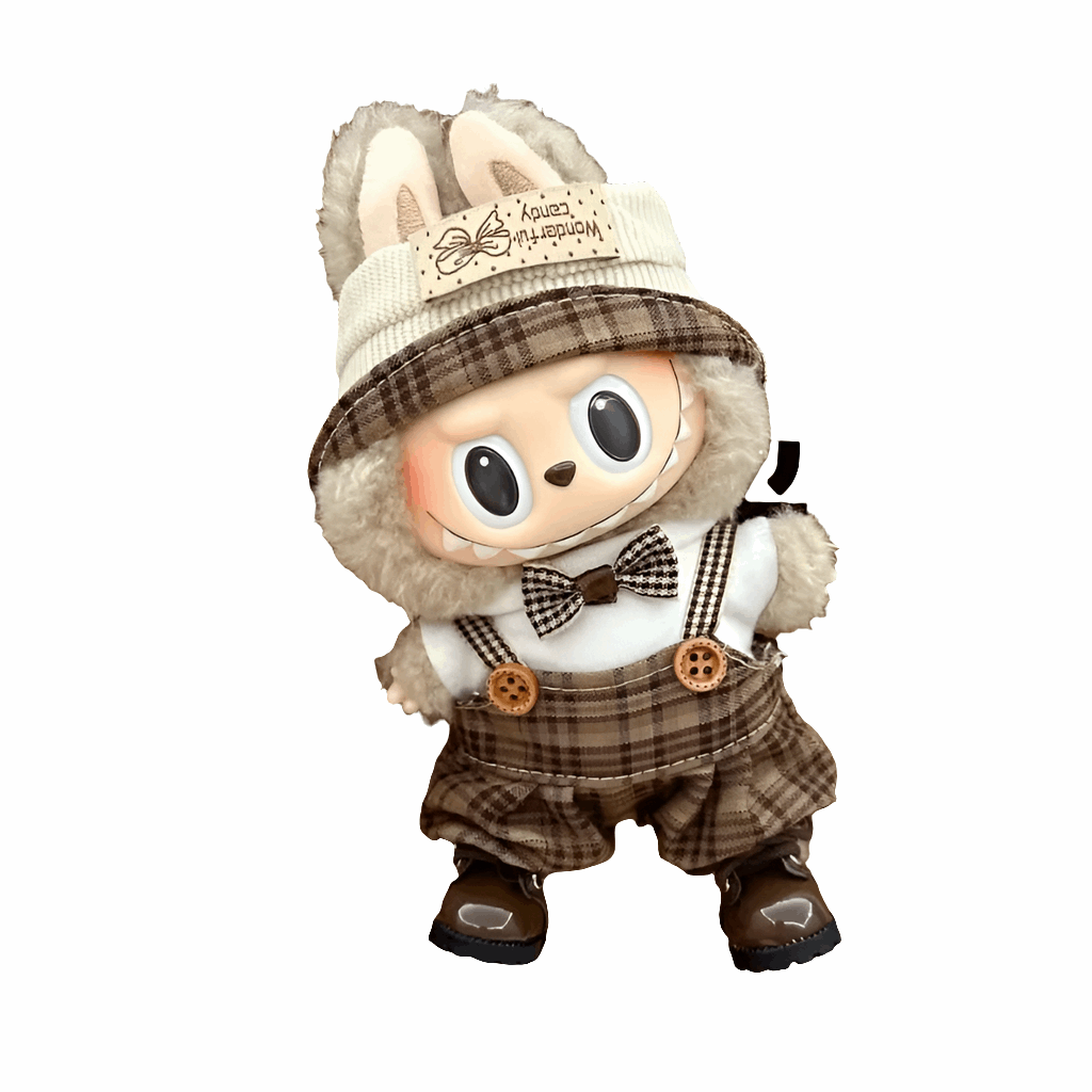 alt="Tenues miniatures Labubu – collection variée avec salopette rayée, robe à motifs, costume animalier, vêtements kawaii faciles à enfiler pour figurines 15-17 cm"