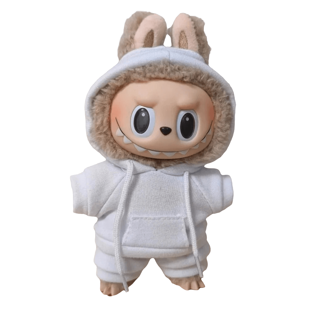 Ensemble Sport Urbain pour Labubu - Poupée avec hoodie blanc et détails en fourrure.