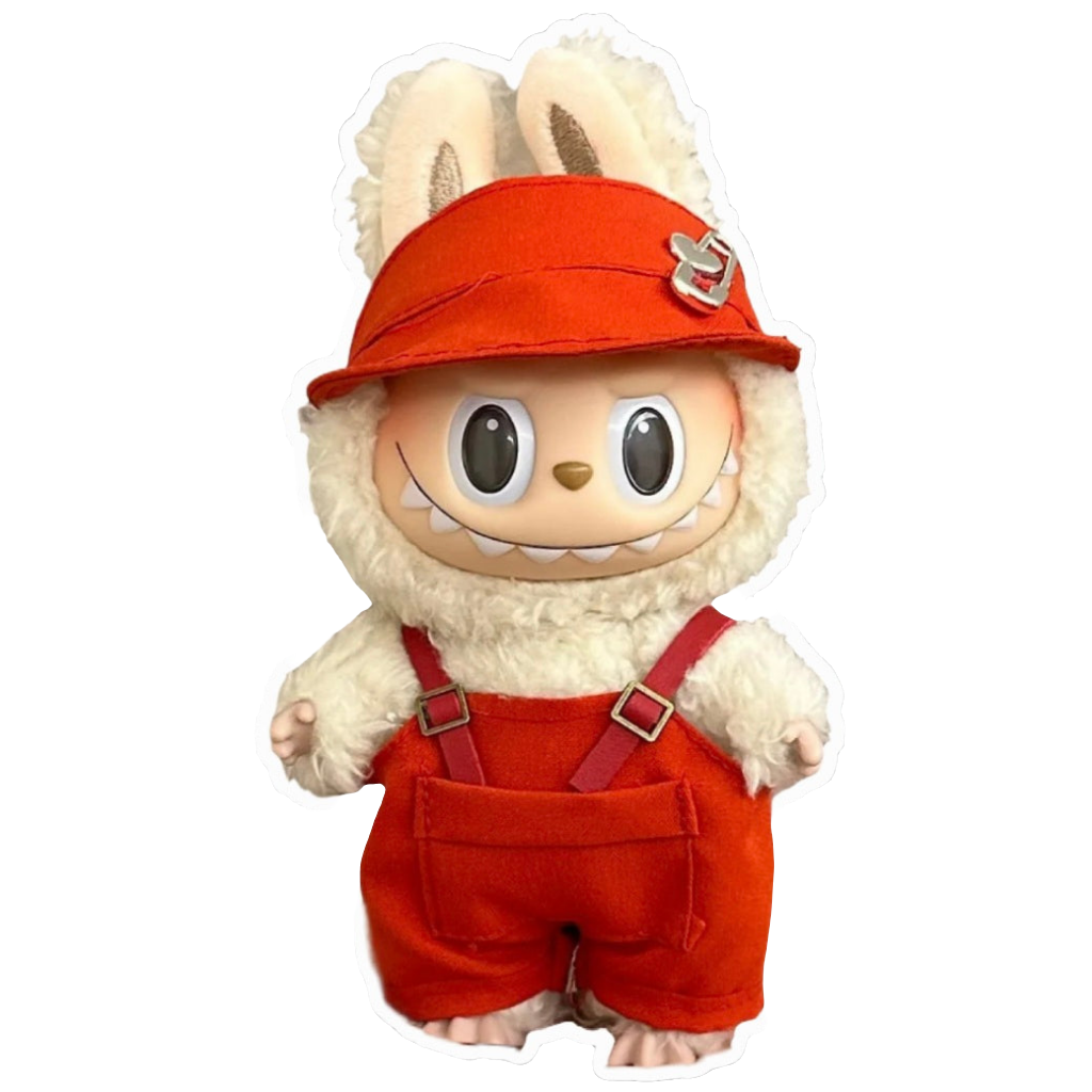 alt="Tenues miniatures Labubu – collection variée avec salopette rayée, robe à motifs, costume animalier, vêtements kawaii faciles à enfiler pour figurines 15-17 cm"