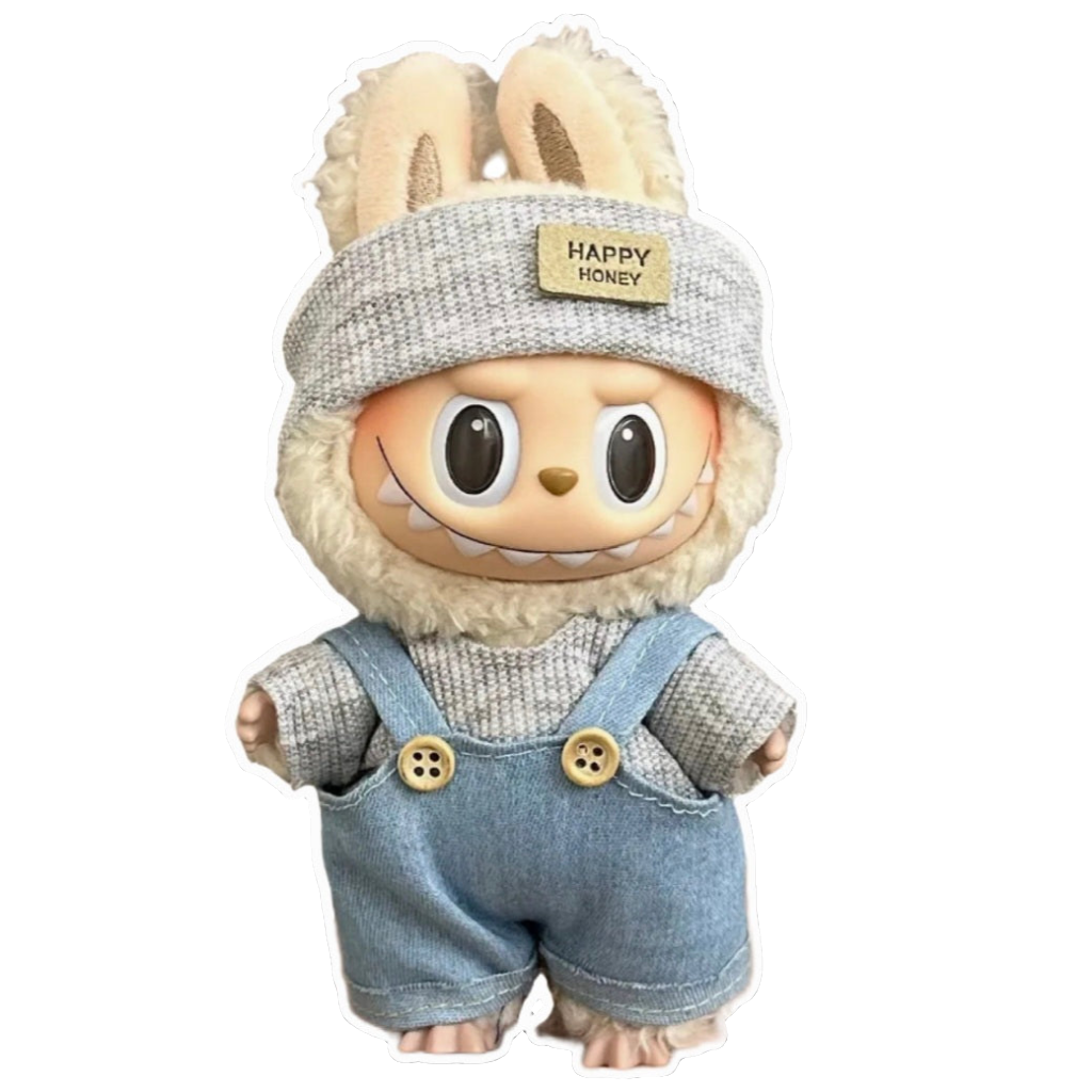 alt="Tenues miniatures Labubu – collection variée avec salopette rayée, robe à motifs, costume animalier, vêtements kawaii faciles à enfiler pour figurines 15-17 cm"