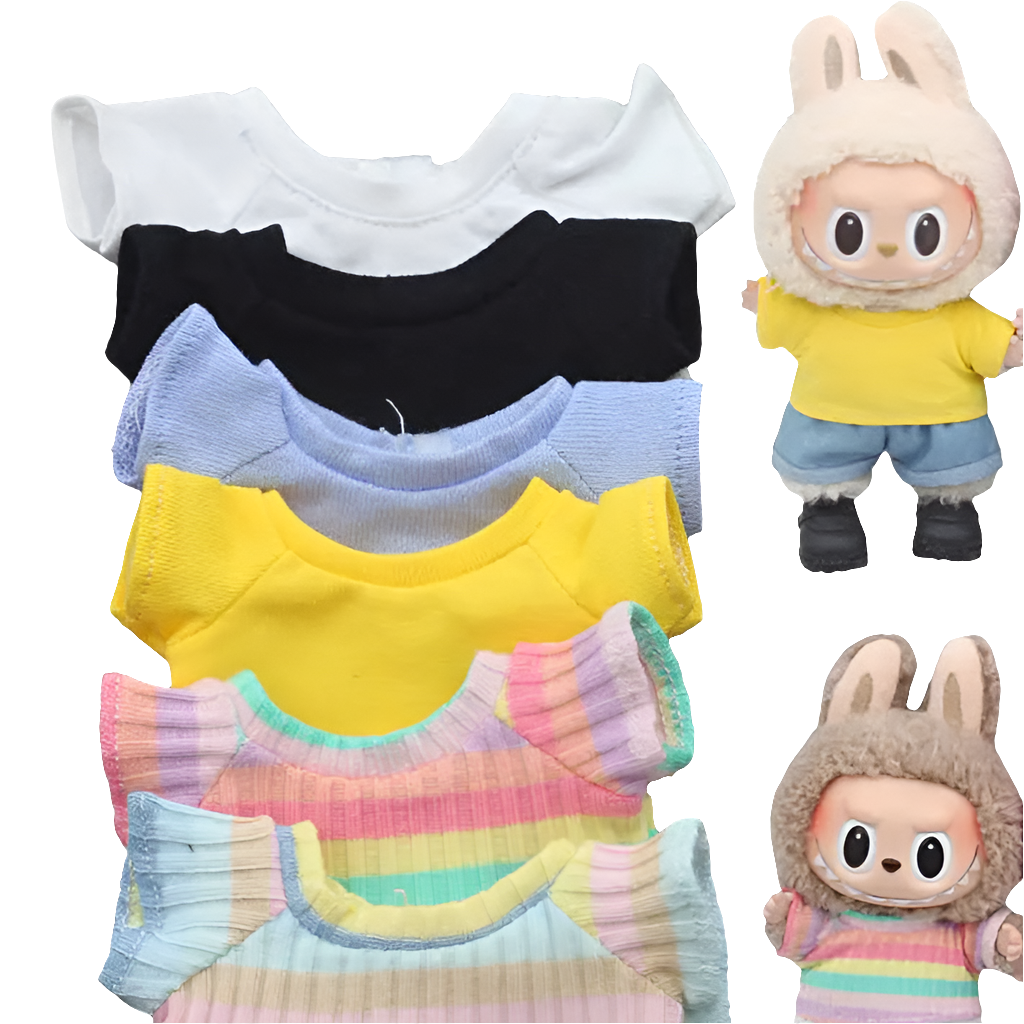 alt="Vêtements en coton pour figurines Labubu – couleurs variées, style kawaii, tissu doux et confortable, accessoires mode pour poupées 15-17 cm"