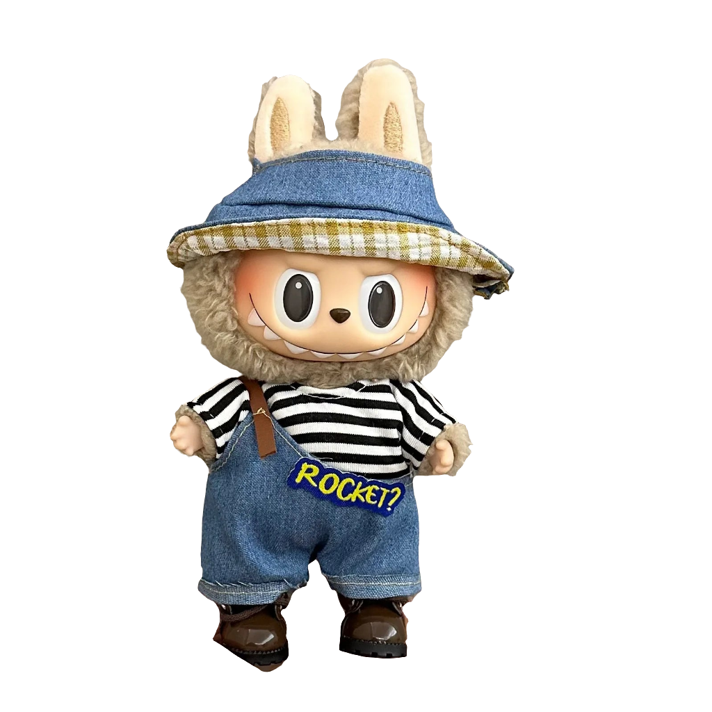 alt="Tenues miniatures Labubu – collection variée avec salopette rayée, robe à motifs, costume animalier, vêtements kawaii faciles à enfiler pour figurines 15-17 cm"