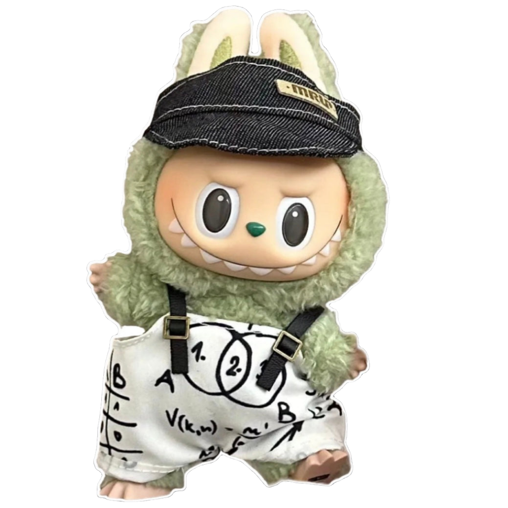 alt="Tenues miniatures Labubu – collection variée avec salopette rayée, robe à motifs, costume animalier, vêtements kawaii faciles à enfiler pour figurines 15-17 cm"