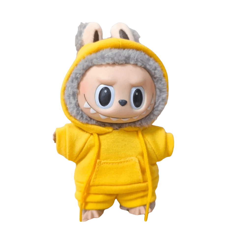 Ensemble Sport Urbain pour Labubu – Poupée en hoodie jaune avec oreilles de lapin, style streetwear.