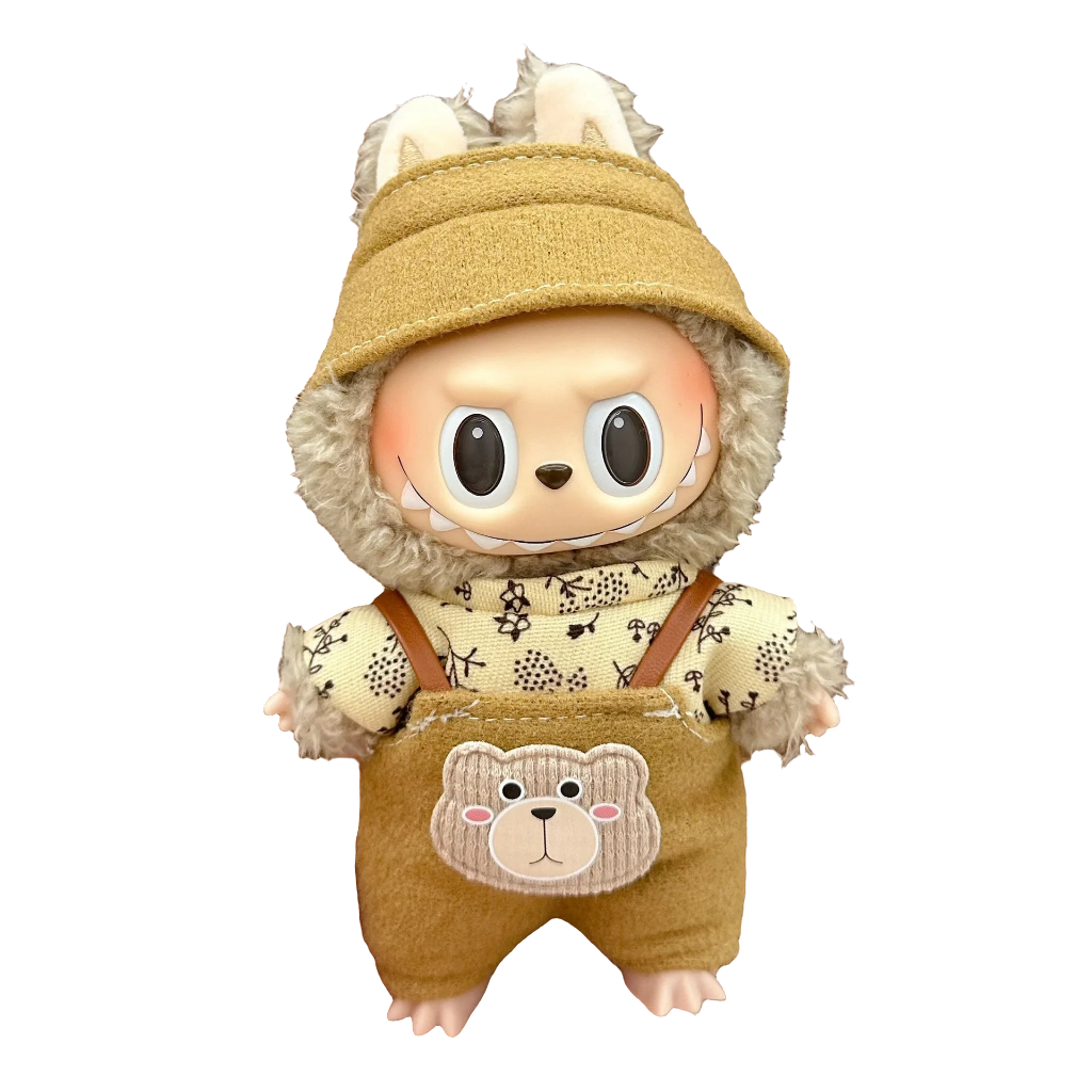 alt="Tenues miniatures Labubu – collection variée avec salopette rayée, robe à motifs, costume animalier, vêtements kawaii faciles à enfiler pour figurines 15-17 cm"