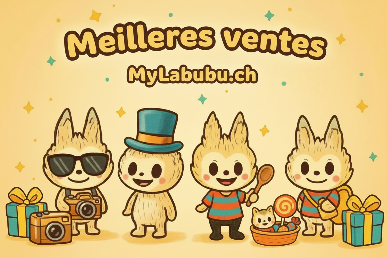 Meilleures ventes MyLabubu : illustration colorée des figurines populaires avec accessoires.
