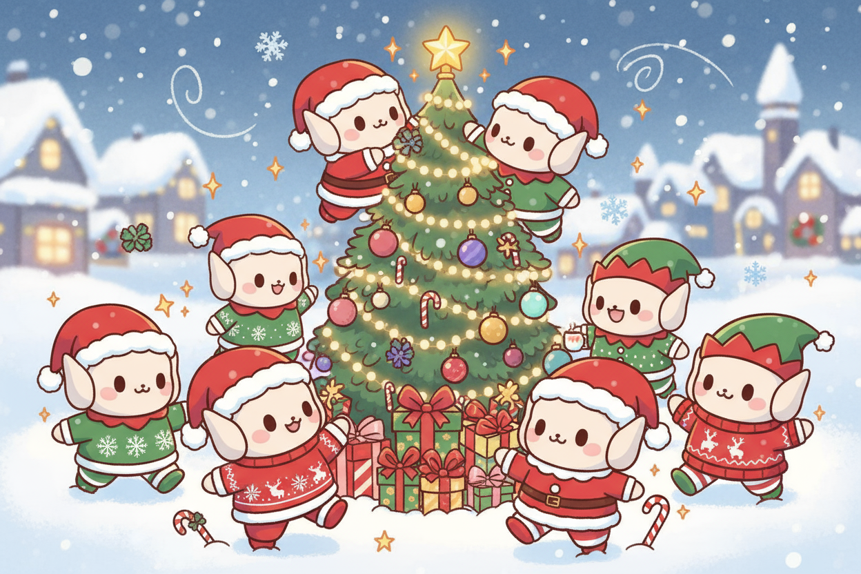 Tenus Labubu Noël : joyeux personnages de Noël autour d'un arbre décoré.