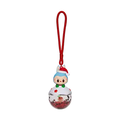 Labubu ❄️ Boule de Noël "Apple Of My Eye" avec personnage souriant et feux d'artifice en fond.