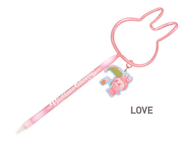 Stylo Labubu - Big into Energy Series en forme de lapin avec breloque, couleur rose.
