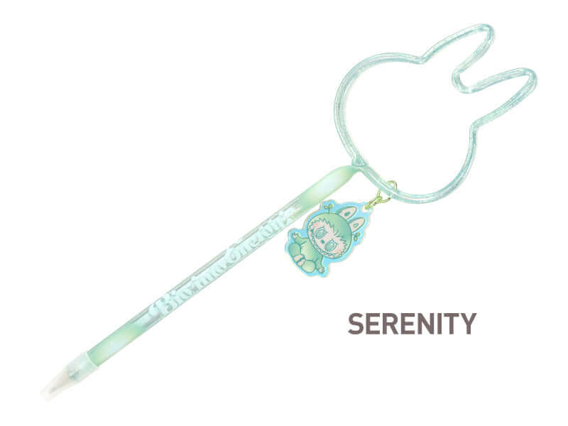 Stylo Labubu Sérénité avec motif de lapin et pendentif accessoire, parfait pour la collection Big into Energy.