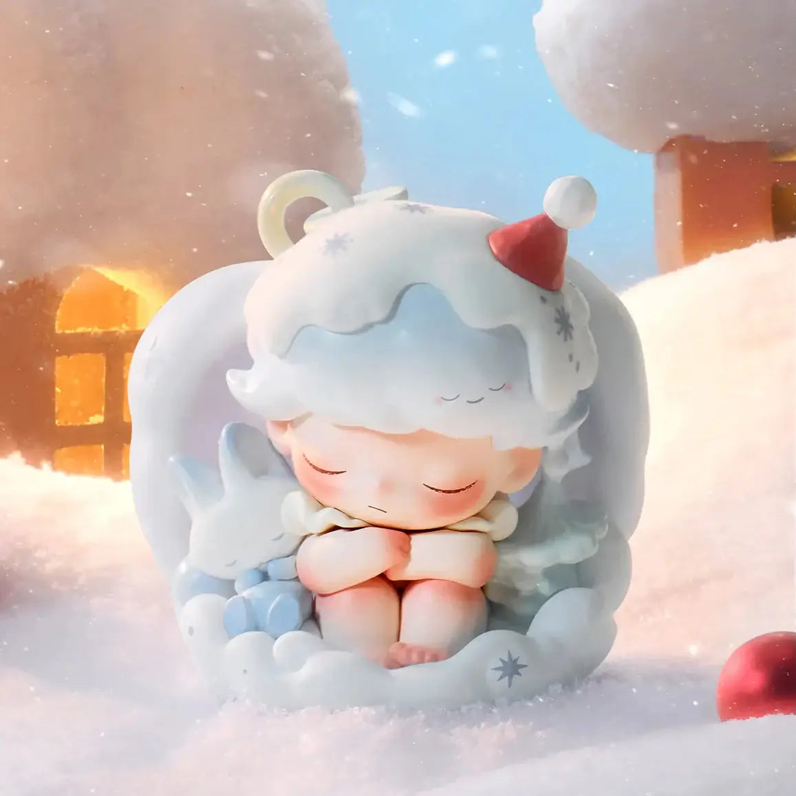 Labubu ❄️ Figurine de la série "Apple Of My Eye" représentant un personnage endormi dans un décor hivernal.
