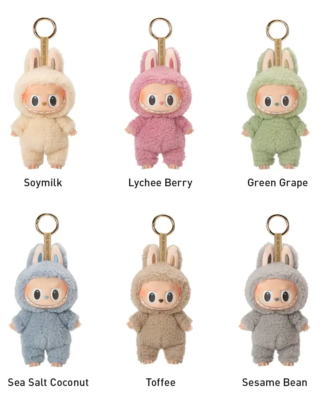 Labubu figurines mignonnes en peluche avec porte-clés : Soymilk, Lychee Berry, Green Grape, Sea Salt Coconut, Toffee, Sesame Bean.