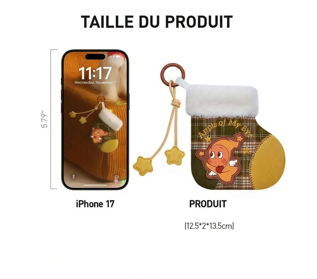 Image montrant le porte-clés Labubu Apple Of My Eye avec les dimensions et un iPhone 17 pour référence.