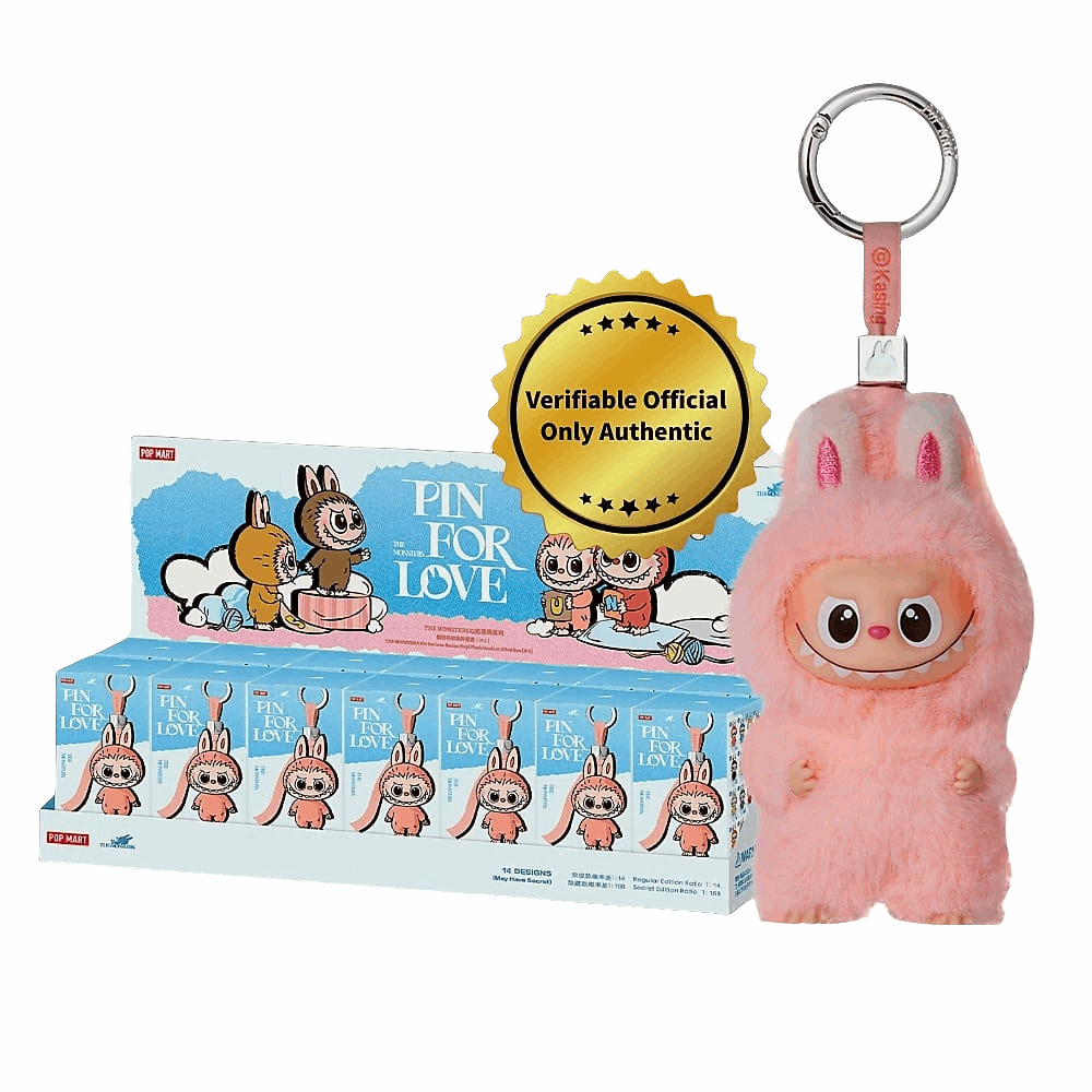 Labubu Pin for Love mini figurine keychain with box packaging, verifiable official and authentic.