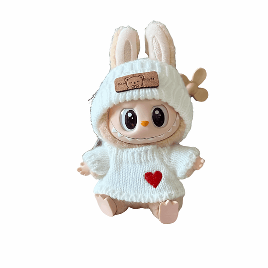 alt="Haut avec bonnet assorti pour figurine Labubu – ensemble confortable en corde de coton et laine, adapté aux poupées 15-17 cm, style élégant et doux"