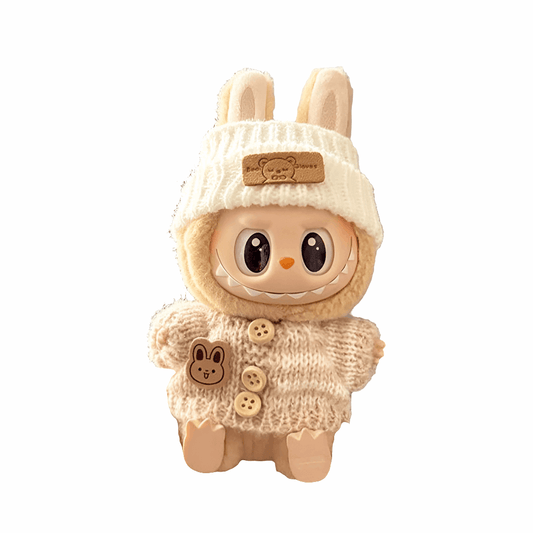 alt="Haut avec bonnet assorti pour figurine Labubu – ensemble confortable en corde de coton et laine, adapté aux poupées 15-17 cm, style élégant et doux"