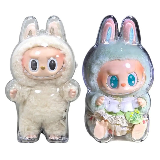 alt="Boîte de protection transparente pour figurines Labubu – modèle debout ou assis, plastique de qualité, protège contre poussière et chocs, design simple et élégant"