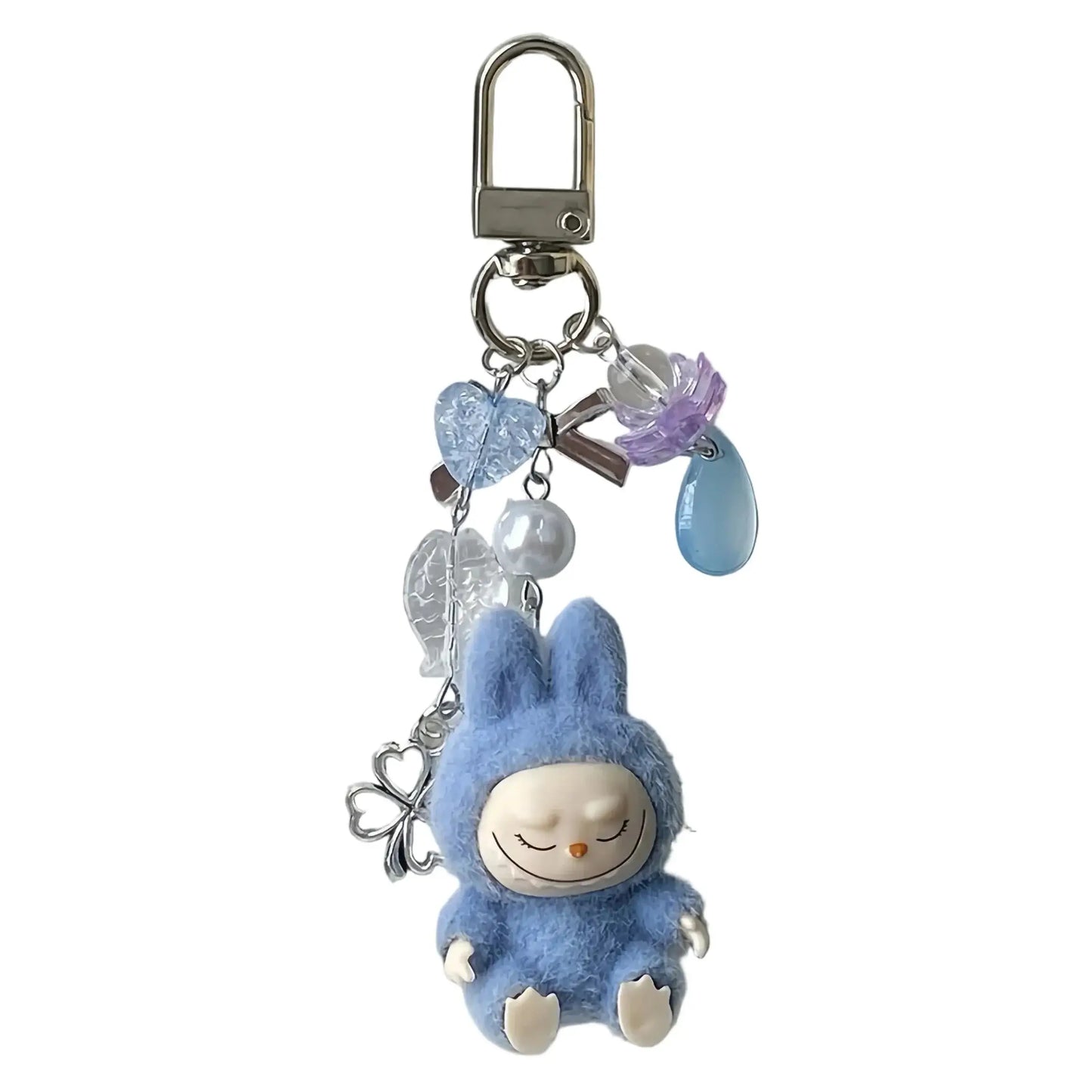 Porte-clés Labubu en peluche bleu avec accessoires colorés, ajoutant douceur et style à vos clés.