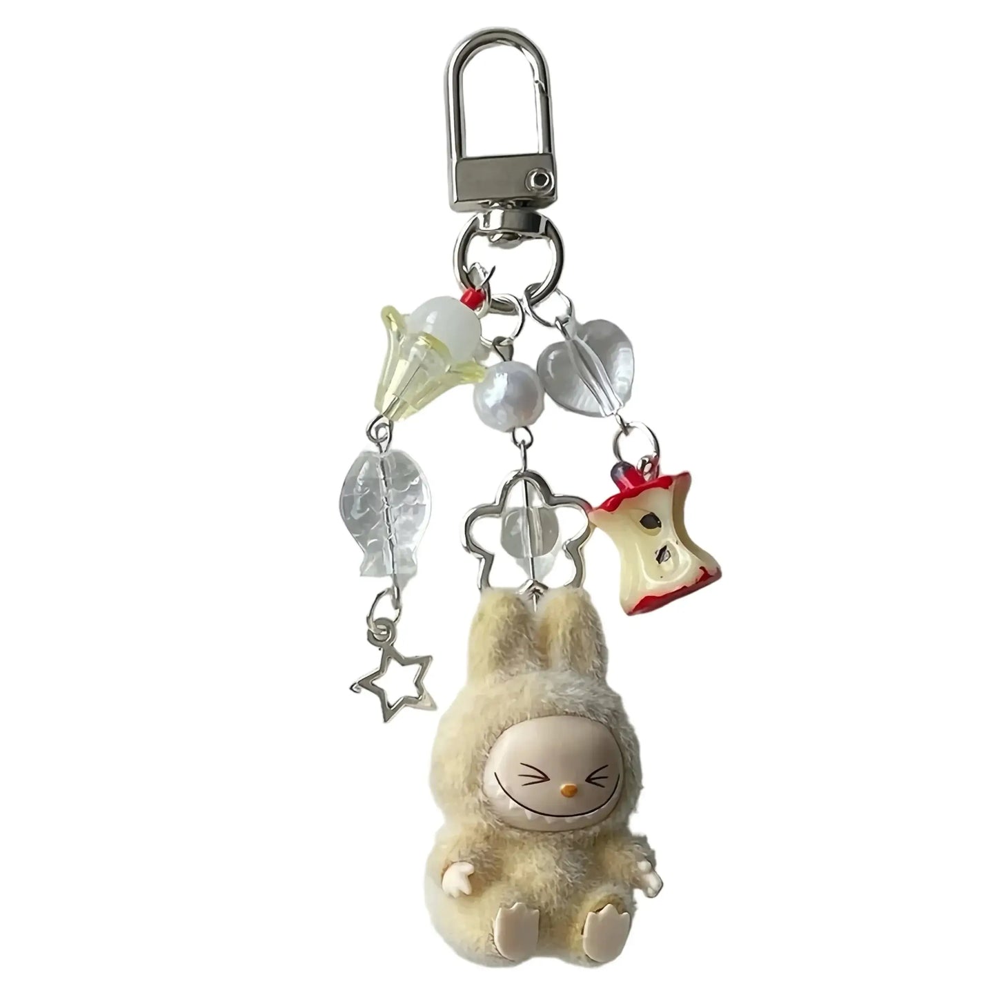 Porte-clés Labubu en peluche avec étoiles et éléments colorés, compagnon doux à accrocher partout.