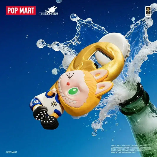 Labubu Décapsuleur magnet de THE MONSTERS × FIFA SERIES flottant dans l'eau avec une bouteille de bière.