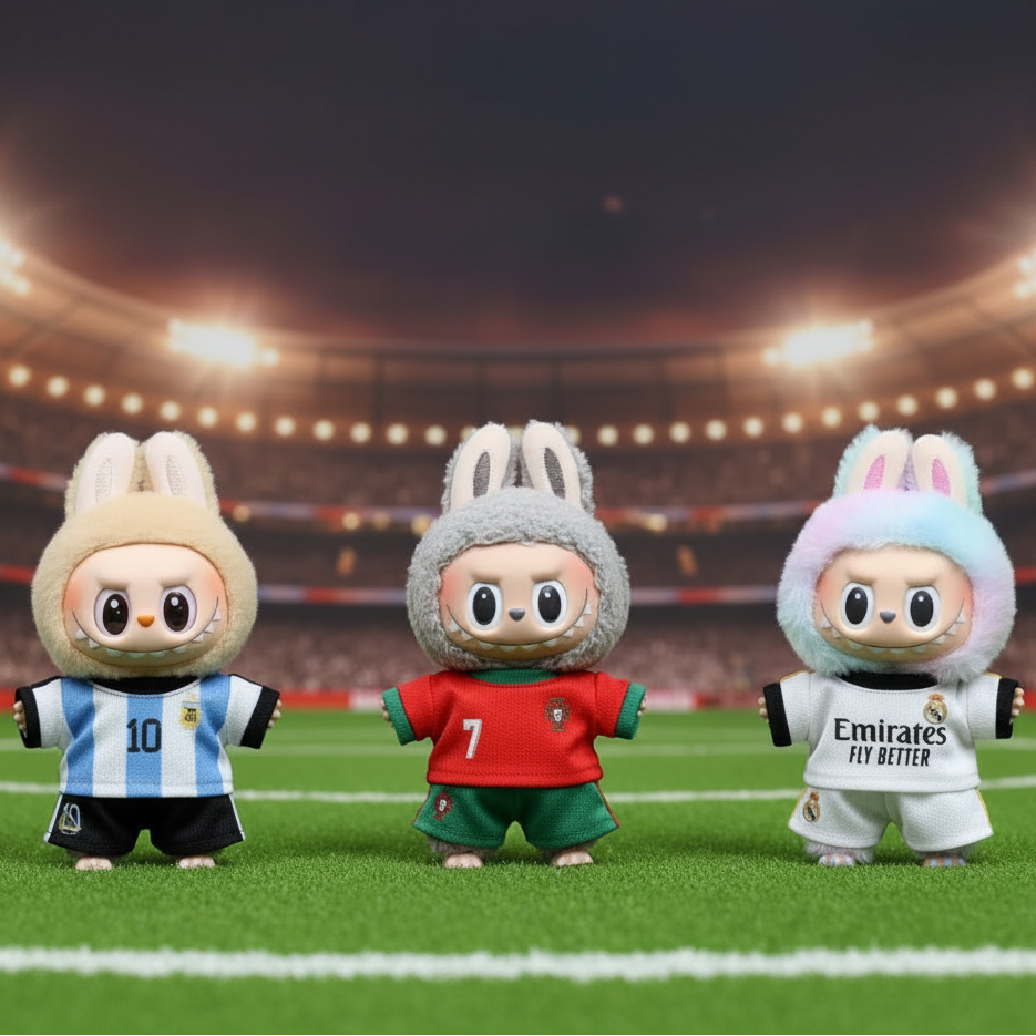 Ensembles Labubu - Maillots de Football 2026 avec mini ballon représentés par des poupées mascottes.