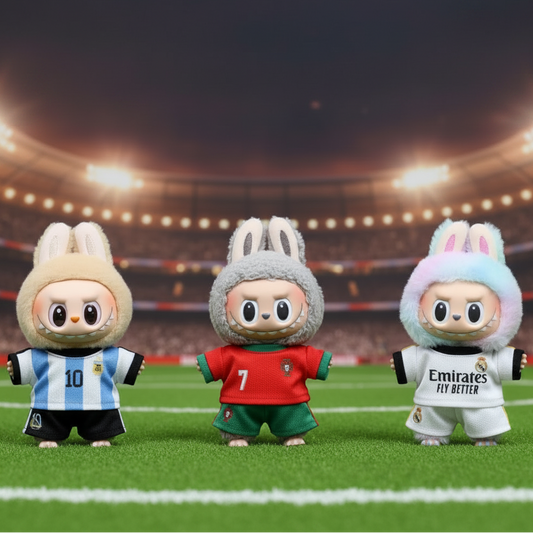 Ensembles Labubu - Maillots de Football 2026 avec mini ballon représentés par des poupées mascottes.