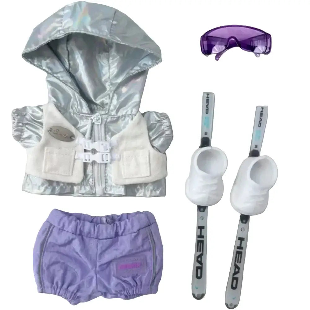 Tenue Complète Ski pour Labubu 4pcs : veste irisée, lunettes et skis adaptés pour enfants.