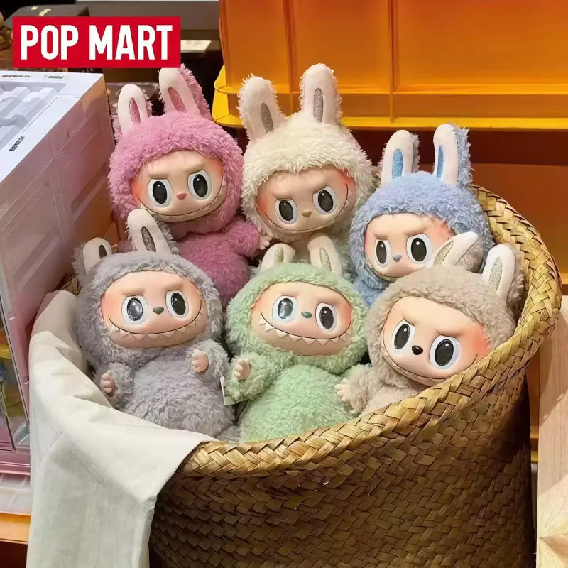 Labubu personnages en peluche mignons dans un panier chez Pop Mart, collection adorable et colorée.