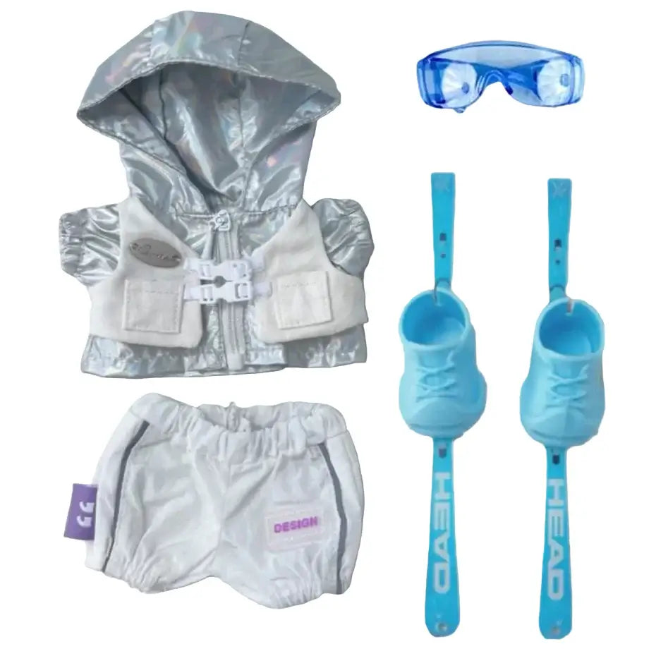 Tenue Complète Ski pour Labubu 4pcs incluant veste irisée, lunettes et skis pour un look hivernal parfait.