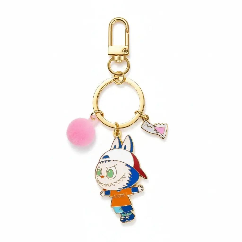Labubu Porte-Clefs Bonbons avec un personnage coloré et un pompon rose.