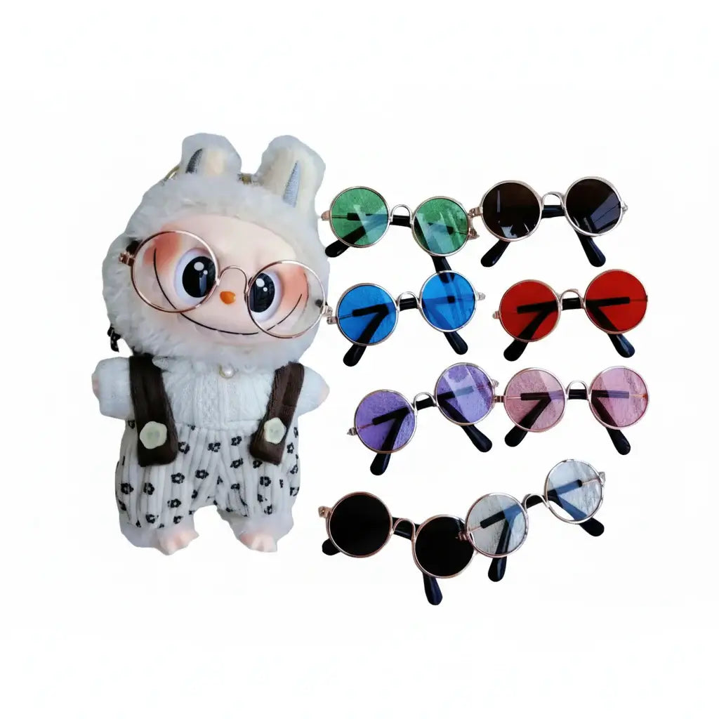 Lunettes colorées pour figurines Labubu, incluant des styles variés de lunettes tendances.
