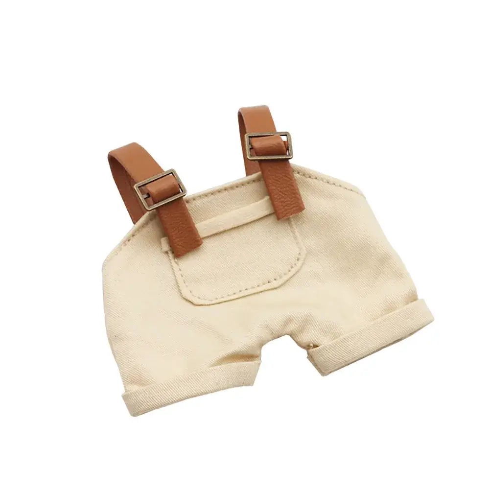 Tenue Labubu - Salopettes et Jupes : Salopettes en tissu beige avec bretelles en cuir pour figurines.