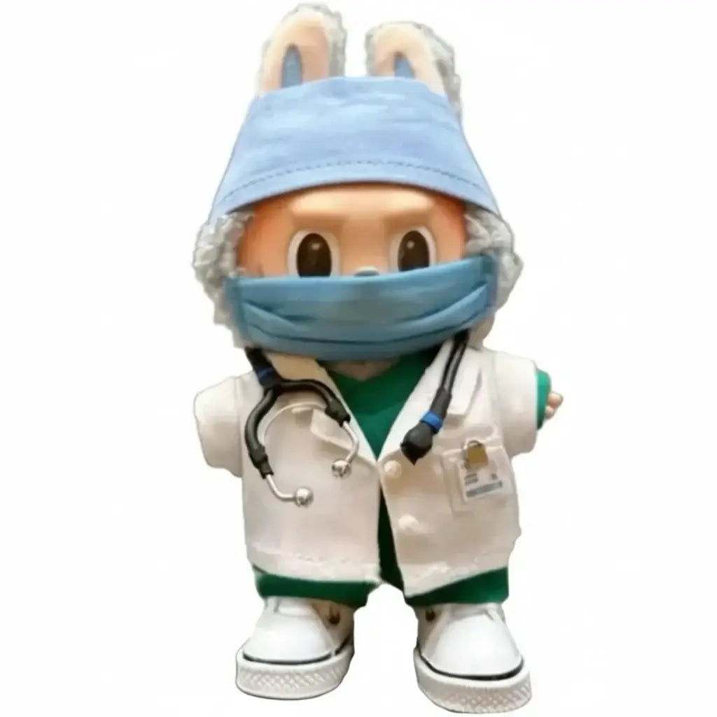 Doll wearing Labubu Tenues Hôpital 'Médecin' costume with stethoscope and mask, perfect for festive role play.