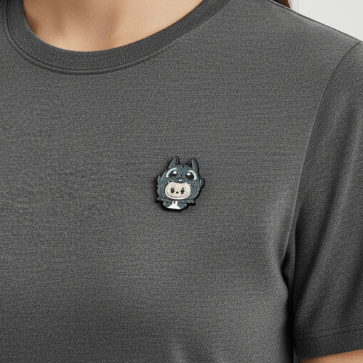 Pins Labubu Dragon Toothless en Métal sur un t-shirt gris, ajoutant une touche fantaisie à la tenue.