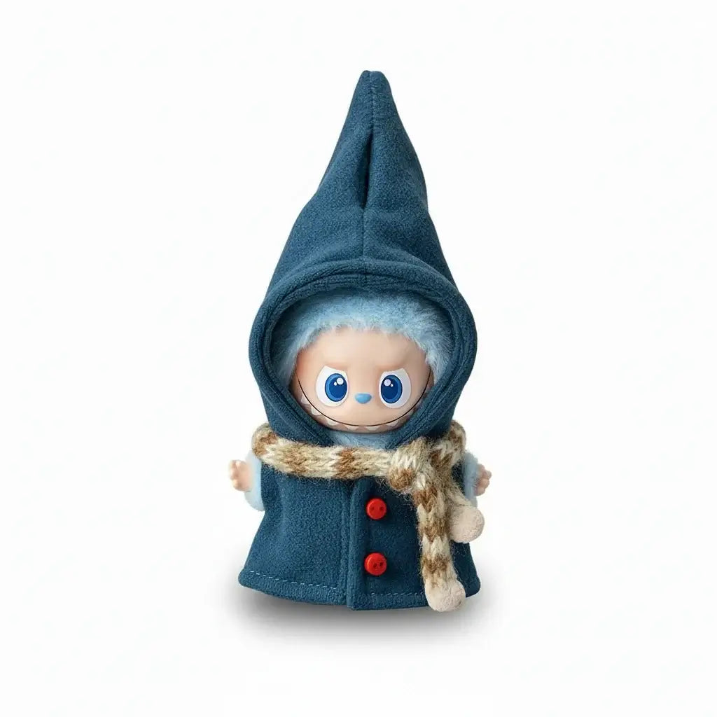 Tenue Labubu - Cape à Capuche & Écharpe 2pcs, poupée en manteau bleu avec écharpe, édition hiver.