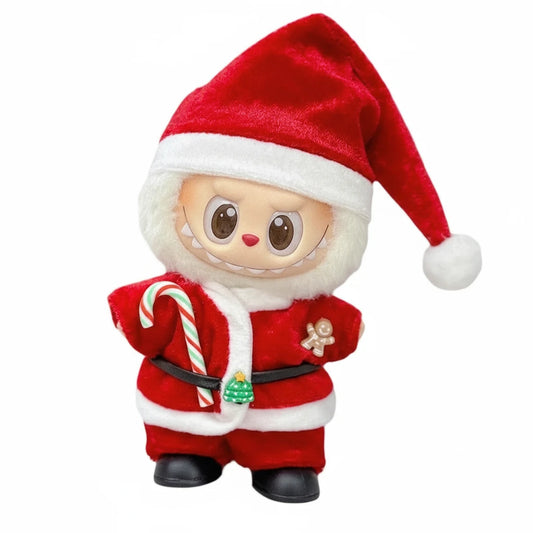 Labubu Tenues Noël Petit Lutins - poupée lutine de Noël en costume rouge avec chapeau, canne à sucre et décorations.