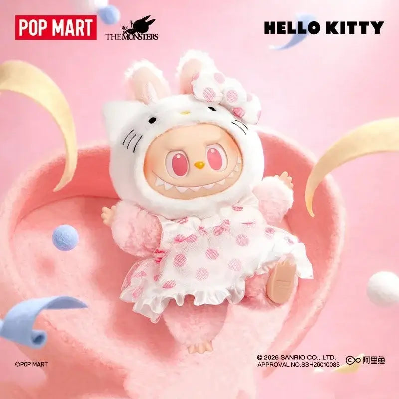 Poupée LABUBU Hello Kitty et Friends de POP MART en costume de lapin, sur un fond rose.